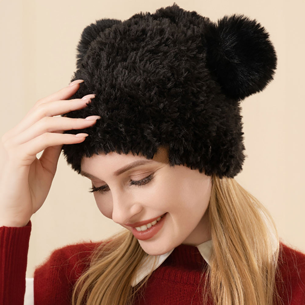 HATEGORY Faux Fur Pom Pom Ear Beanie Hat