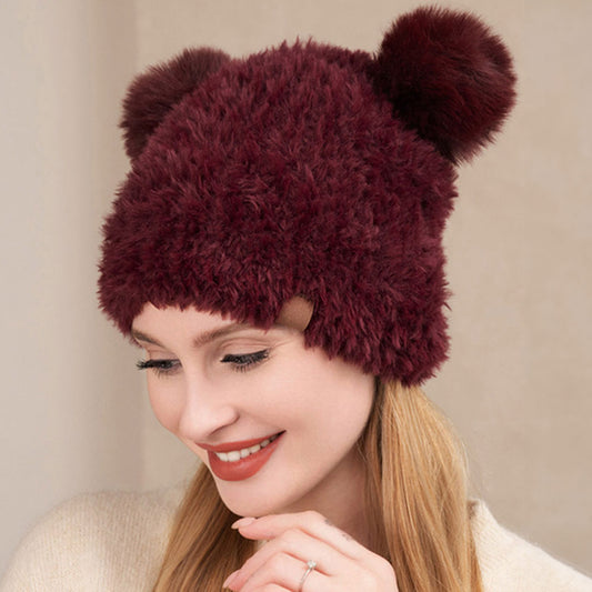 HATEGORY Faux Fur Pom Pom Ear Beanie Hat