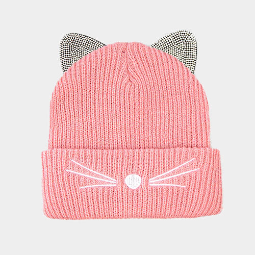 HATEGORY Crystal Embellished Cat Ear Beanie Hat