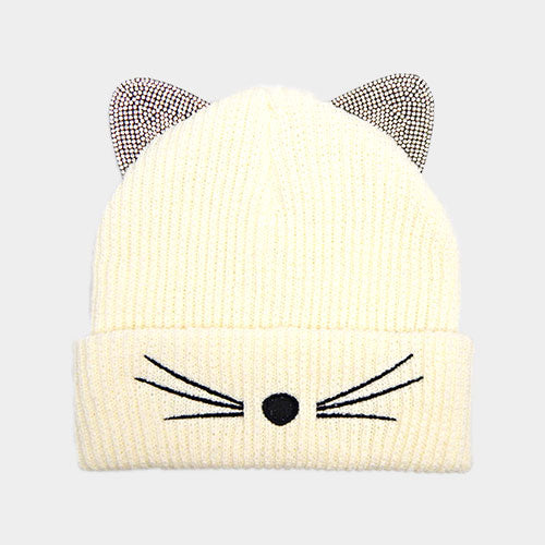 HATEGORY Crystal Embellished Cat Ear Beanie Hat