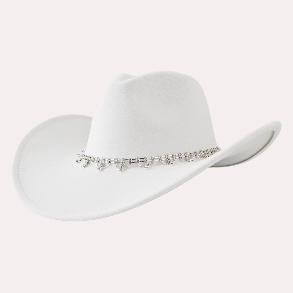HATEGORY Stone Embellished Band Pointed Solid Cowboy Fedora Panama Hat