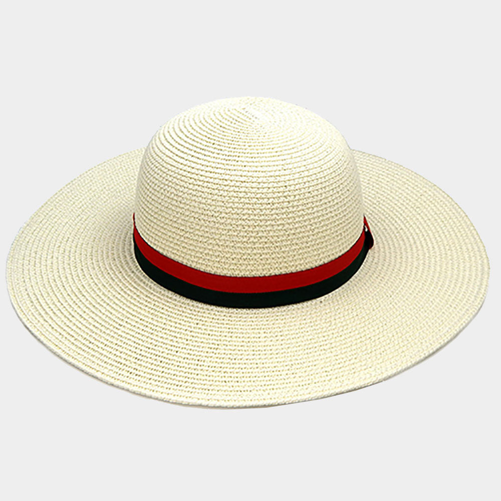 HATEGORY Color Block Ribbon Trim Paper Floppy Sun Hat
