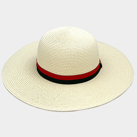 HATEGORY Color Block Ribbon Trim Paper Floppy Sun Hat