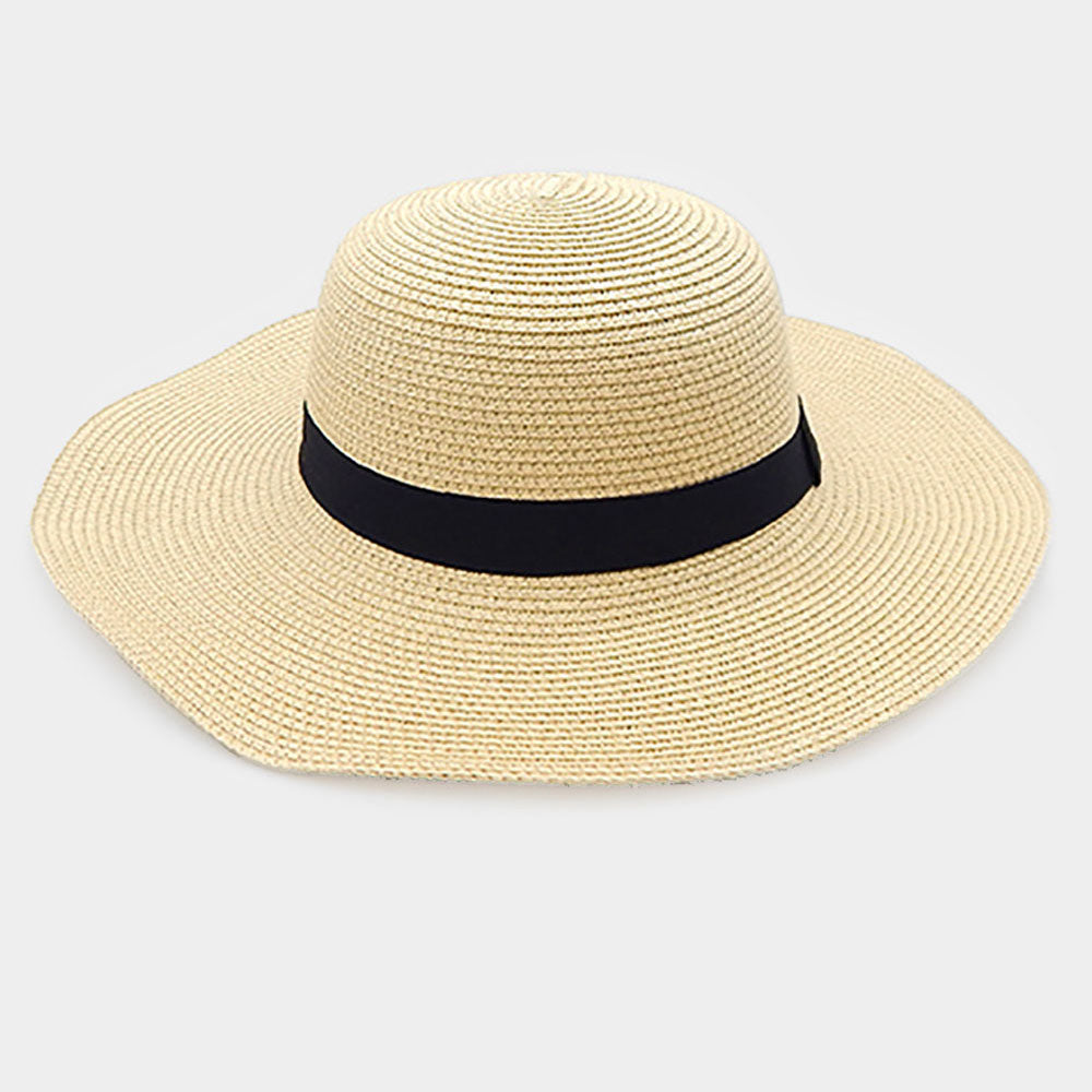 HATEGORY Black Ribbon Trim Paper Floppy Sun Hat