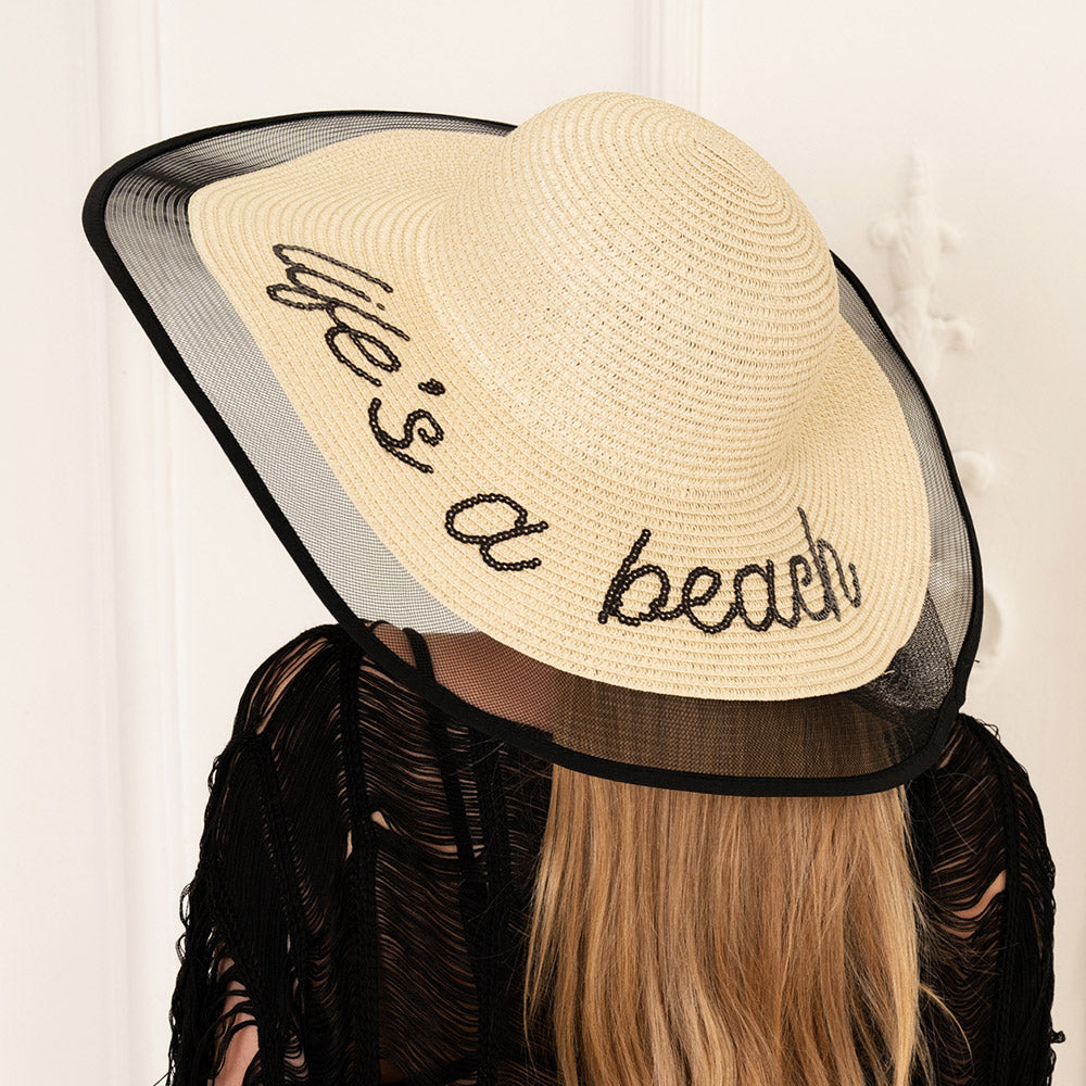 HATEGORY Life is a beach Message Mesh Brim Straw Sun Hat
