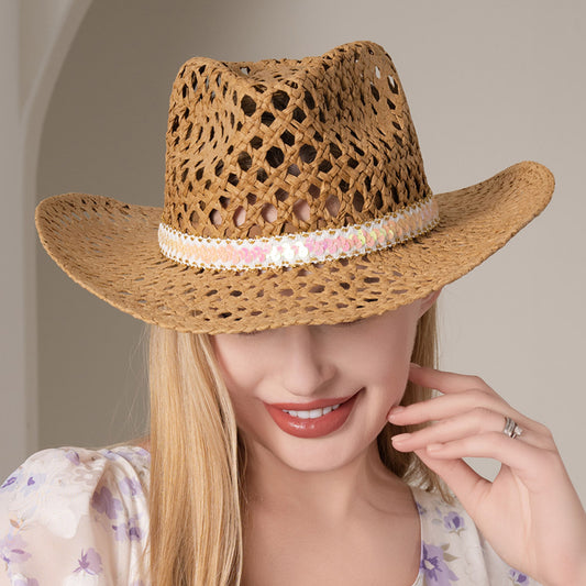 HATEGORY Sequin Beaded Band Pointed Hollow Out Western Cowboy Fedora Hat