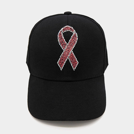 HATEGORY Pink Ribbon Bling Studded Pointed Baseball Cap