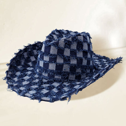 HATEGORY Fringe Denim Checkered Cowboy Western Hat