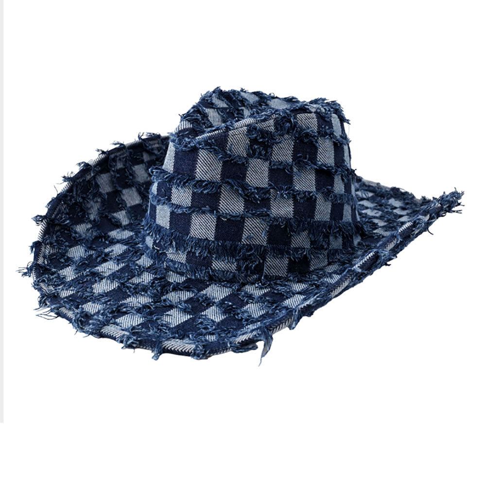 HATEGORY Fringe Denim Checkered Cowboy Western Hat