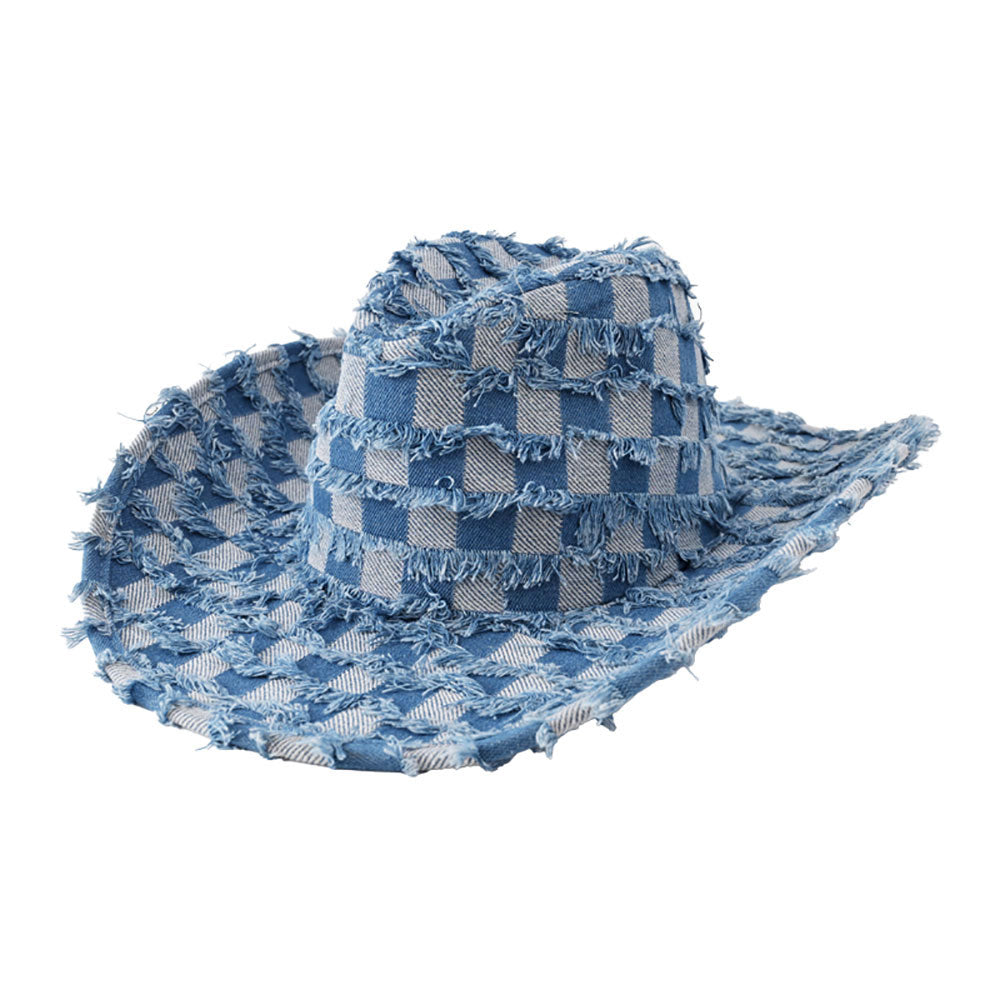 HATEGORY Fringe Denim Checkered Cowboy Western Hat