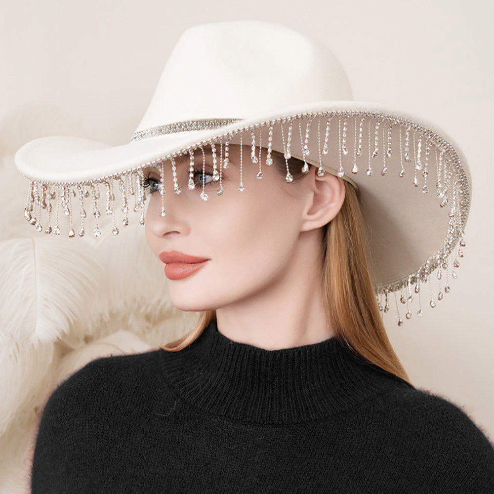 HATEGORY Rhinestone Embellished Band Pointed Rhinestone Stone Paved Fringe Around Cowboy Western Hat