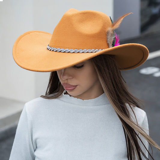 HATEGORY Feather Pointed Rhinestone Paved Twisted Band Accented Fedora Hat