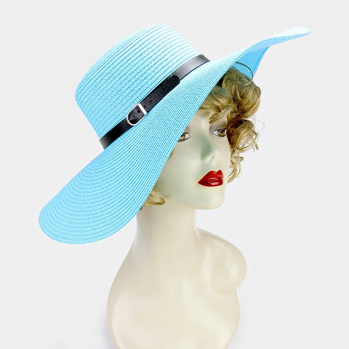 HATEGORY Faux leather buckle band paper straw floppy sun hat