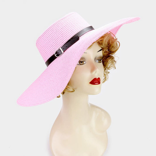 HATEGORY Faux leather buckle band paper straw floppy sun hat