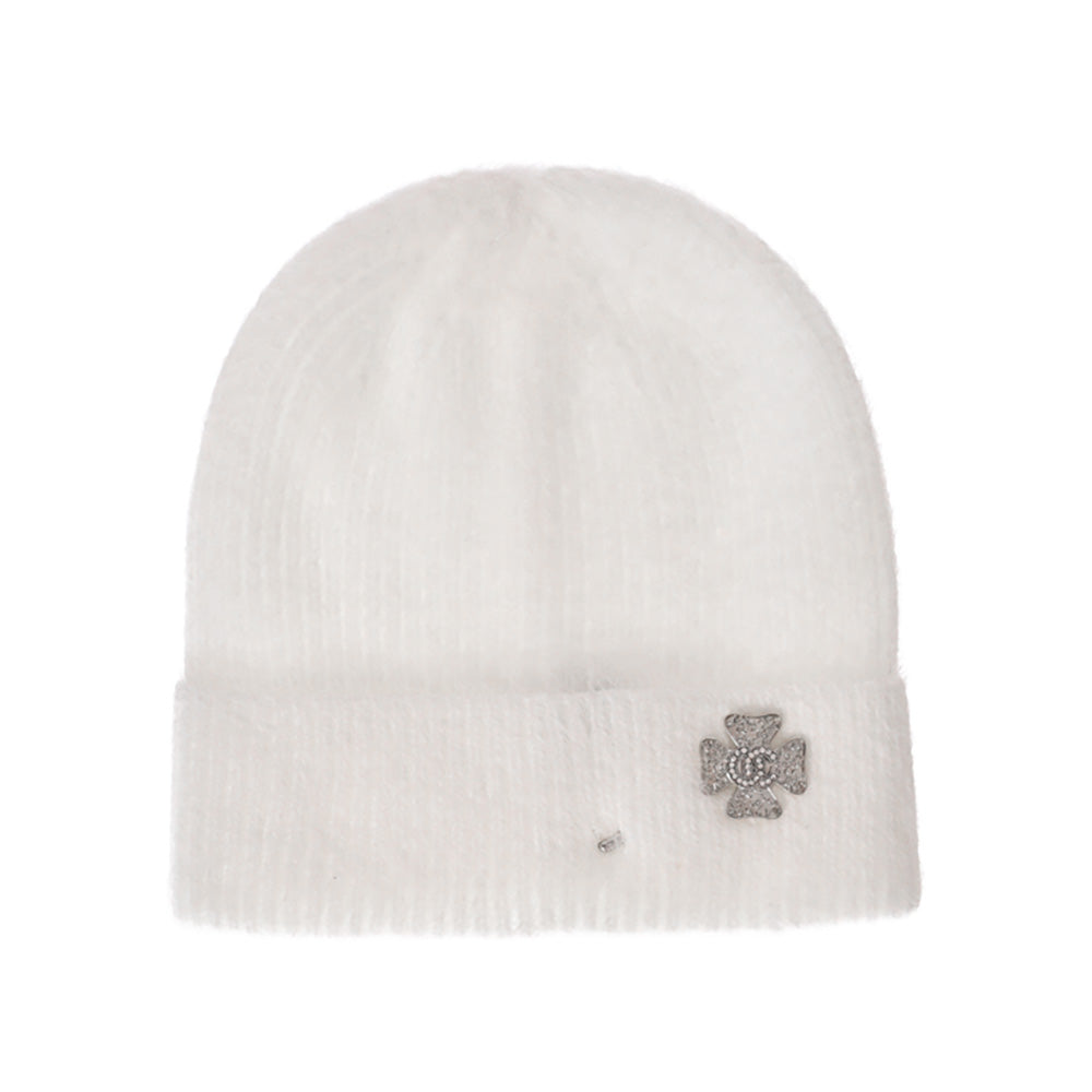 HATEGORY Stone Paved Clover Lapel Pin Brooch Accented Fuzzy Beanie Hat