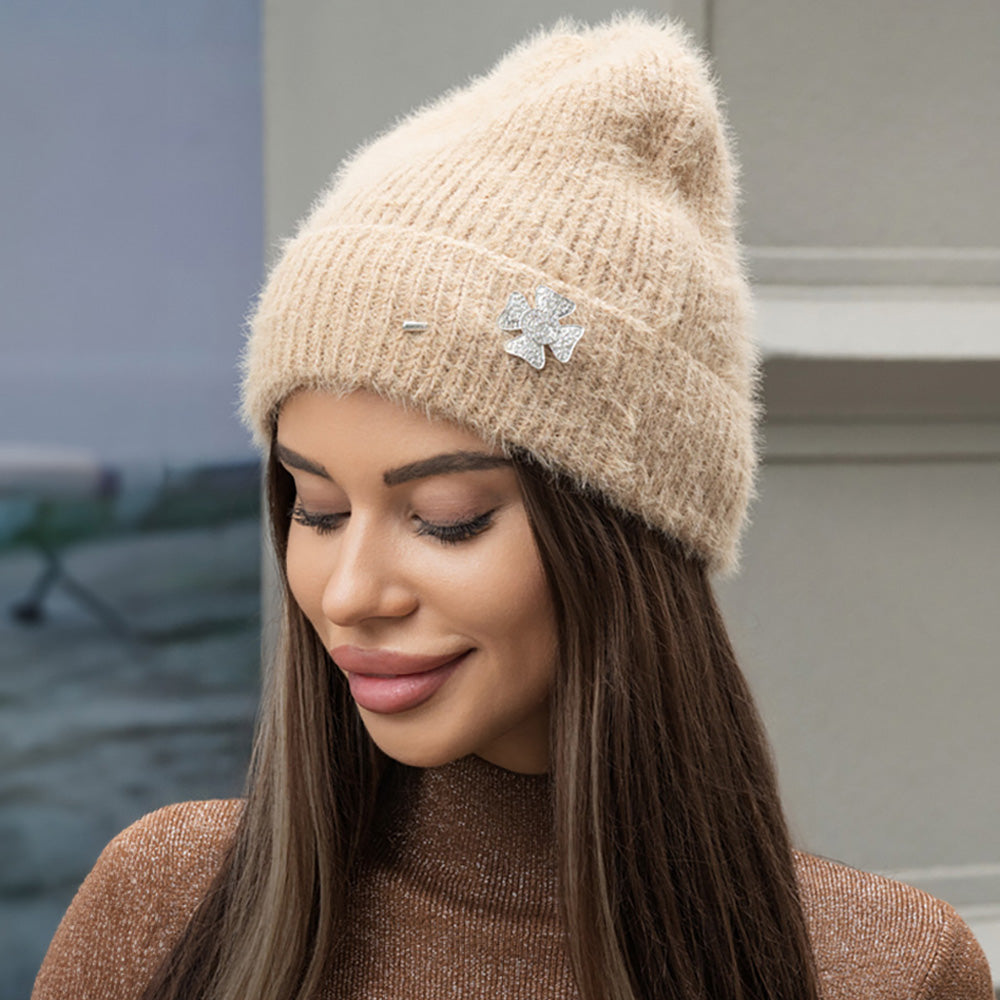 HATEGORY Stone Paved Clover Lapel Pin Brooch Accented Fuzzy Beanie Hat
