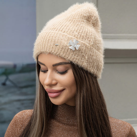 HATEGORY Stone Paved Clover Lapel Pin Brooch Accented Fuzzy Beanie Hat