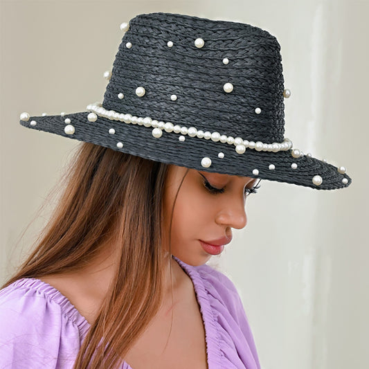 HATEGORY Pearl Embellished Straw Sun Fedora Hat