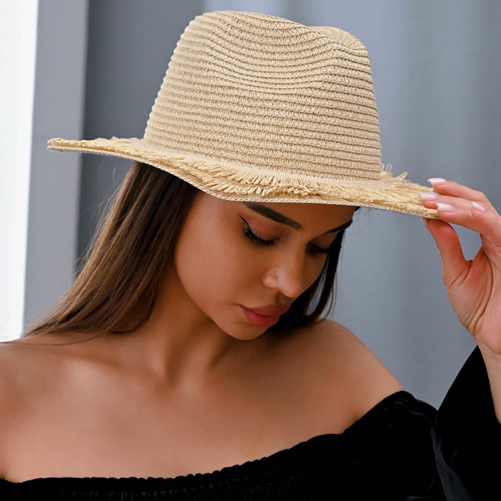 HATEGORY Frayed Brim Woven Fedora Sun Hat