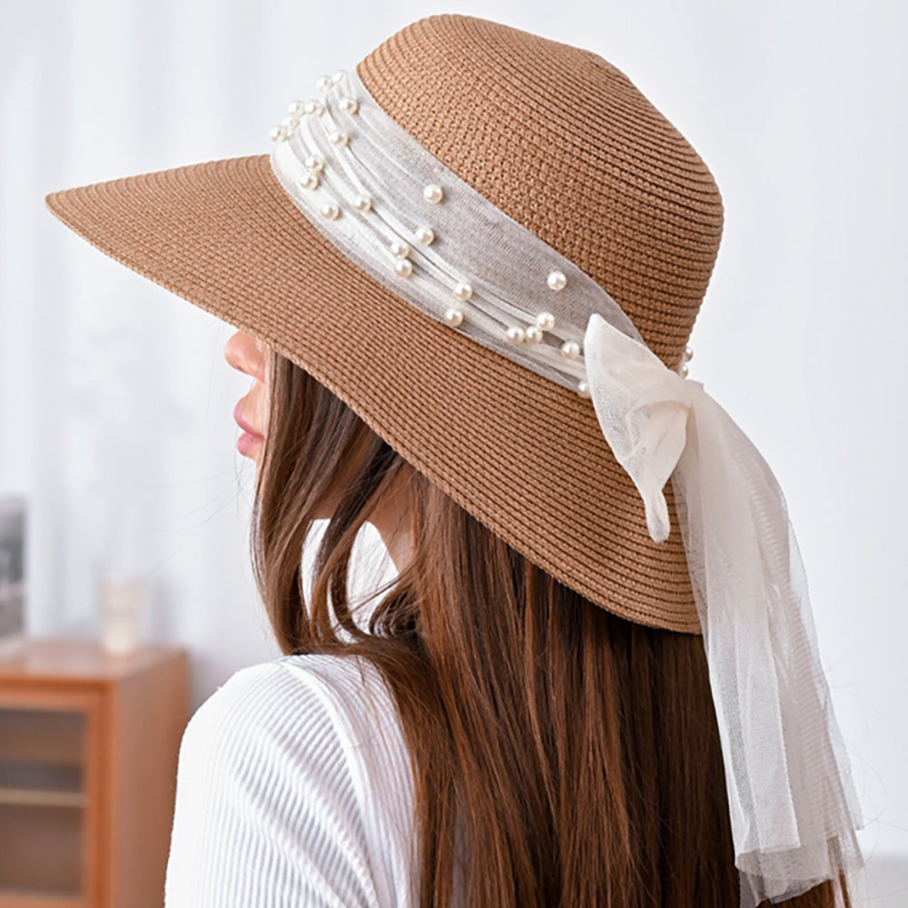 HATEGORY Pearl Embellished Wide Brim Sheer Bow Sun Hat