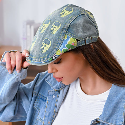 HATEGORY Skull Flower Printed Newsboy Hat