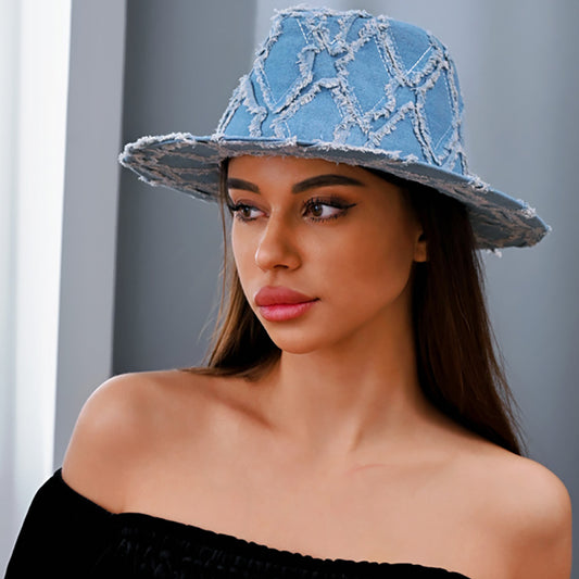 HATEGORY Vintage Frayed Denim Fedora Hat