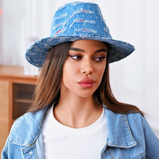HATEGORY Vintage Distressed Ripped Denim Fedora Hat