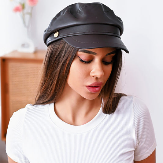 HATEGORY Faux Leather Vintage Newsboy Hat