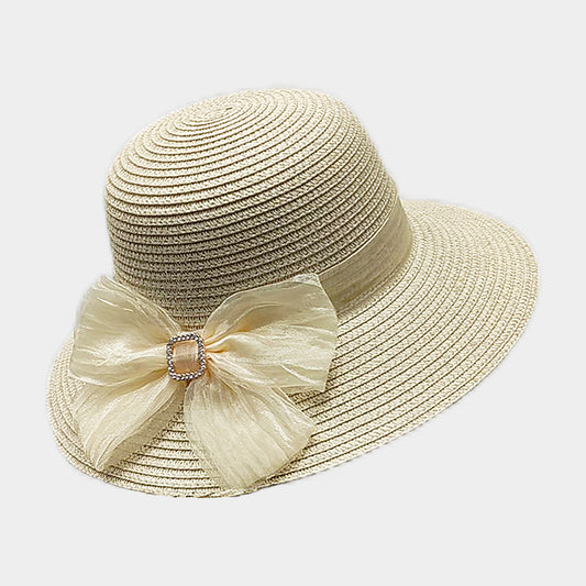HATEGORY Fabric Bow Band Accented Straw Sun Hat