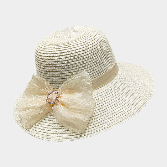 HATEGORY Fabric Bow Band Accented Straw Sun Hat