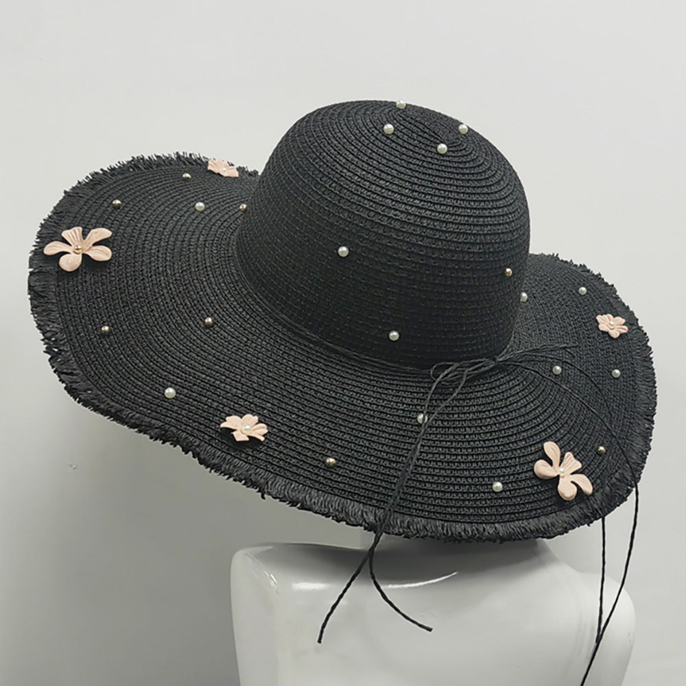 HATEGORY Flower Pearl Applique Embellished Wide Brim Straw Sun Hat