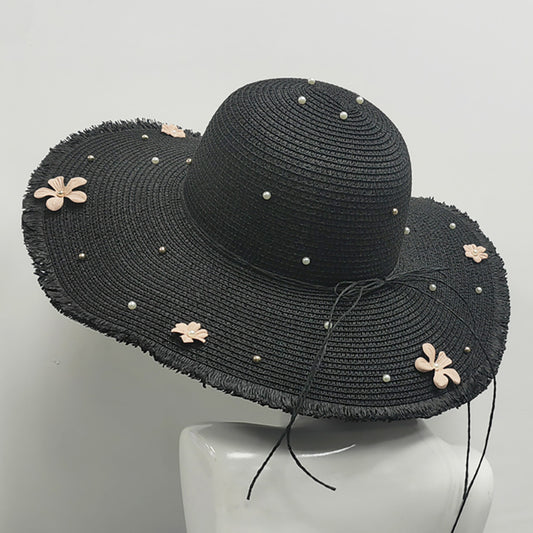 HATEGORY Flower Pearl Applique Embellished Wide Brim Straw Sun Hat