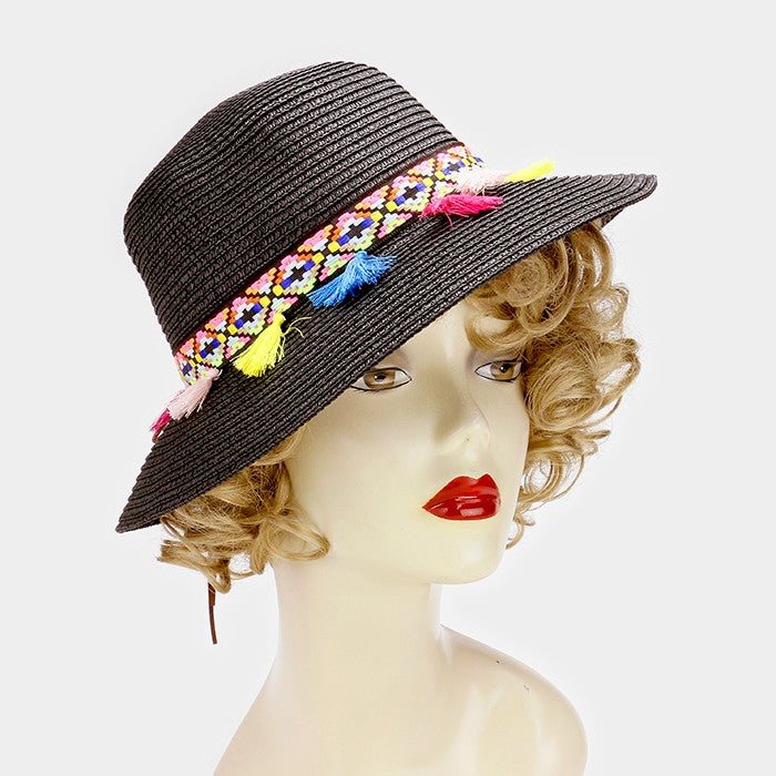 HATEGORY Rainbow tassel short brim sun hat with faux suede ribbon tie