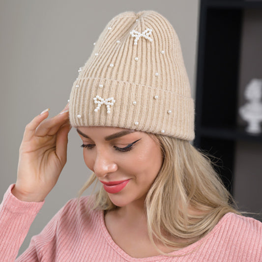HATEGORY Bow Pearl Embellished Knitted Winter Beanie Hat