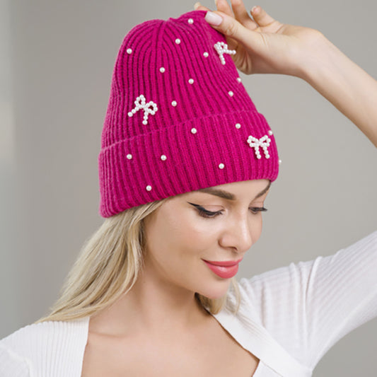 HATEGORY Bow Pearl Embellished Knitted Winter Beanie Hat