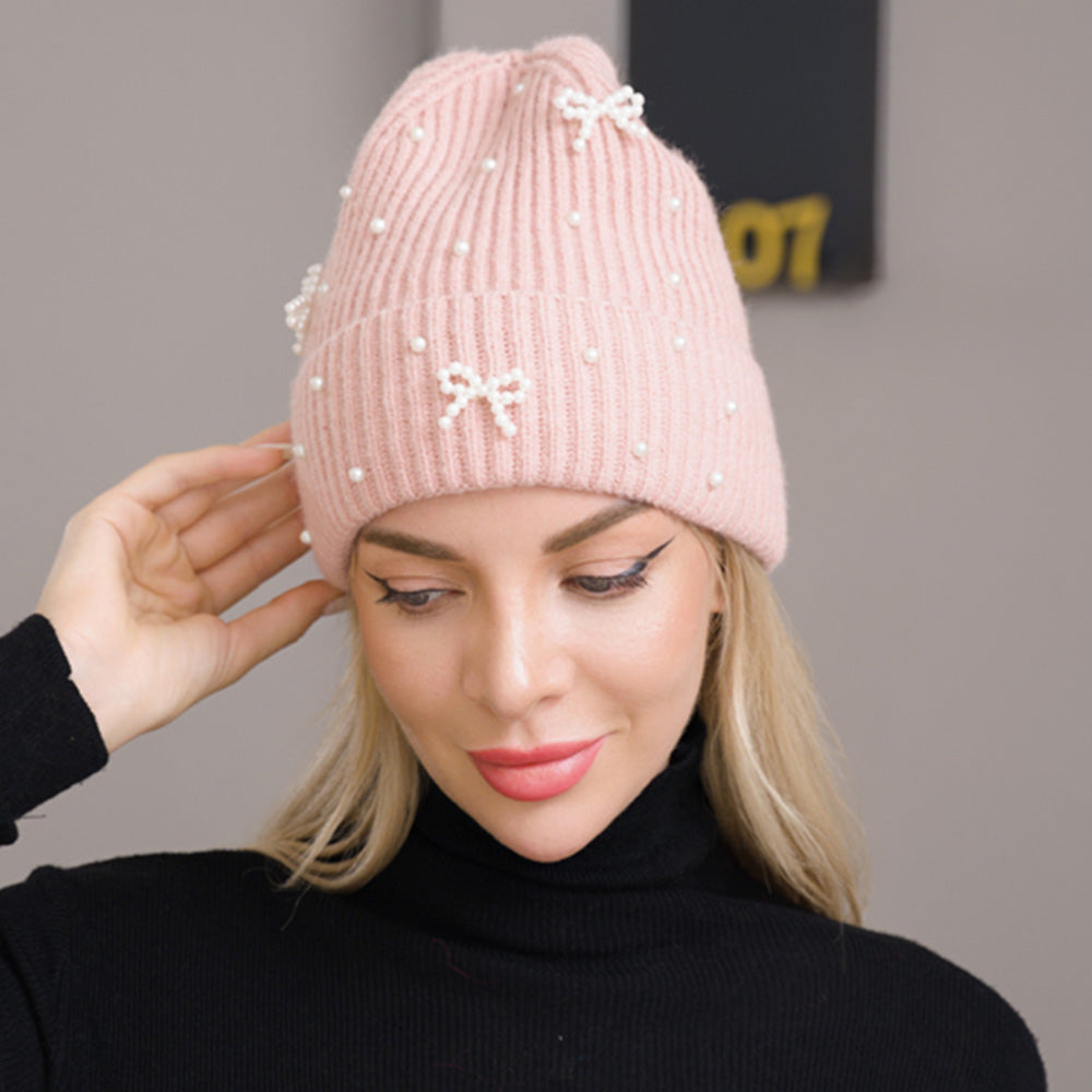 HATEGORY Bow Pearl Embellished Knitted Winter Beanie Hat