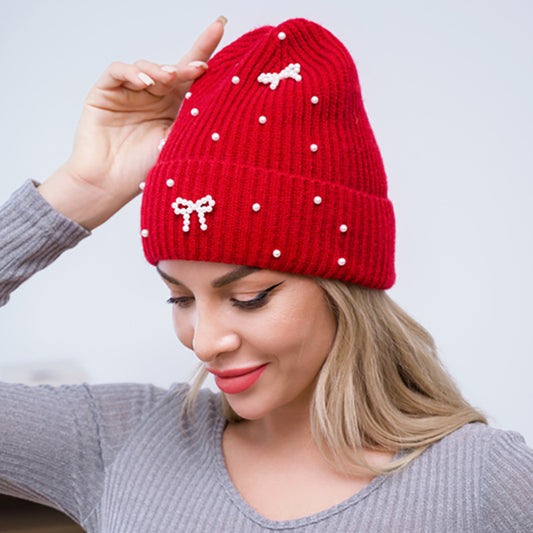 HATEGORY Bow Pearl Embellished Knitted Winter Beanie Hat