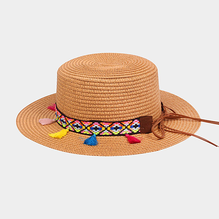 HATEGORY Rainbow tassel short brim sun hat with ribbon accent