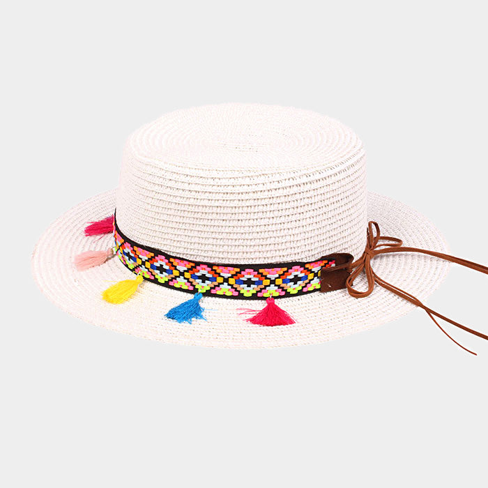 HATEGORY Rainbow tassel short brim sun hat with ribbon accent
