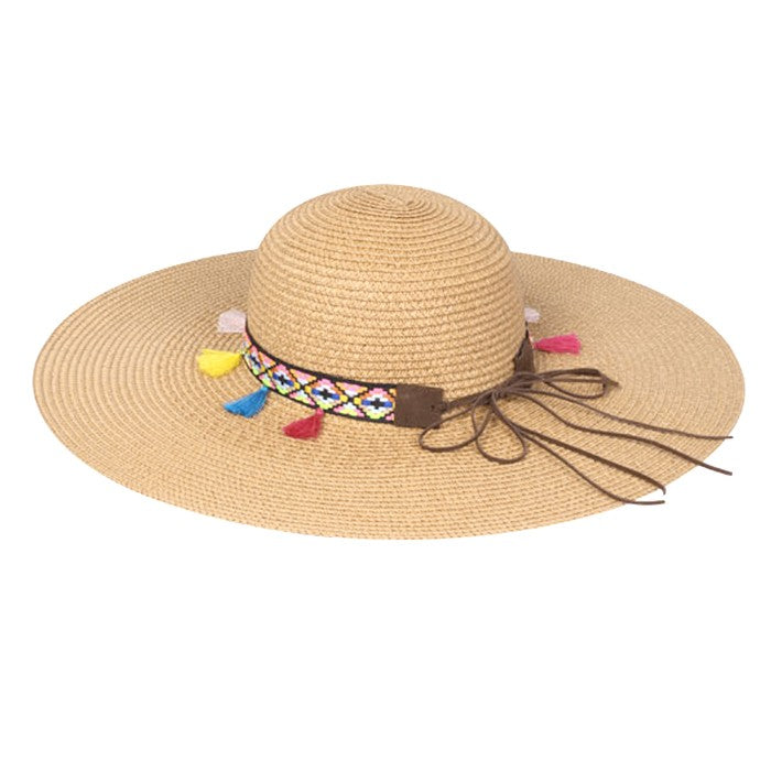 HATEGORY Rainbow tassel lined paper straw floppy sun hat