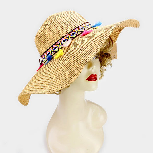 HATEGORY Rainbow tassel lined paper straw floppy sun hat