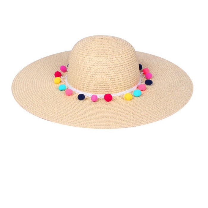 HATEGORY Rainbow pom pom lined paper straw floppy sun hat