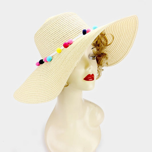 HATEGORY Rainbow pom pom lined paper straw floppy sun hat