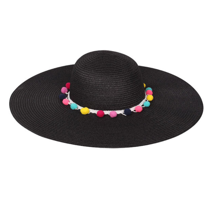 HATEGORY Rainbow pom pom lined paper straw floppy sun hat
