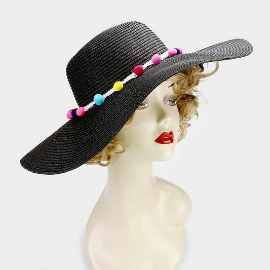 HATEGORY Rainbow pom pom lined paper straw floppy sun hat