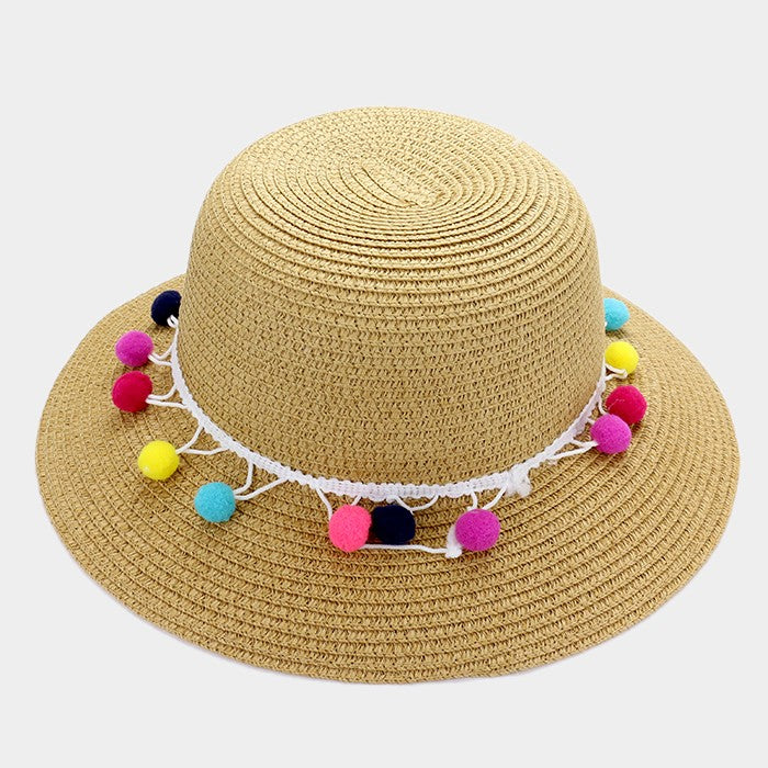 HATEGORY Rainbow pom pom short brim sun hat