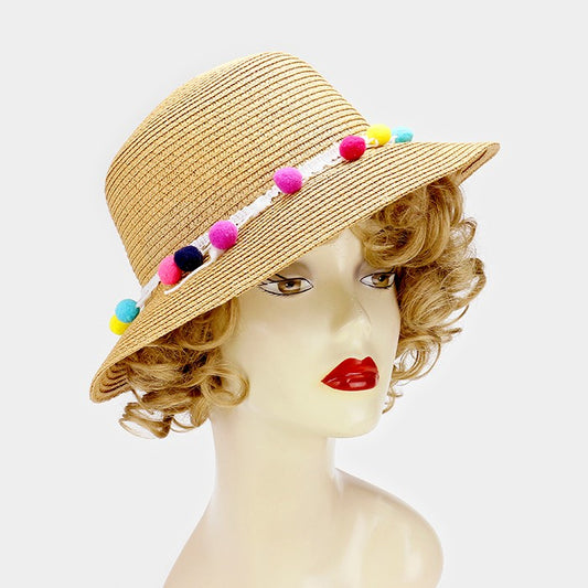 HATEGORY Rainbow pom pom short brim sun hat