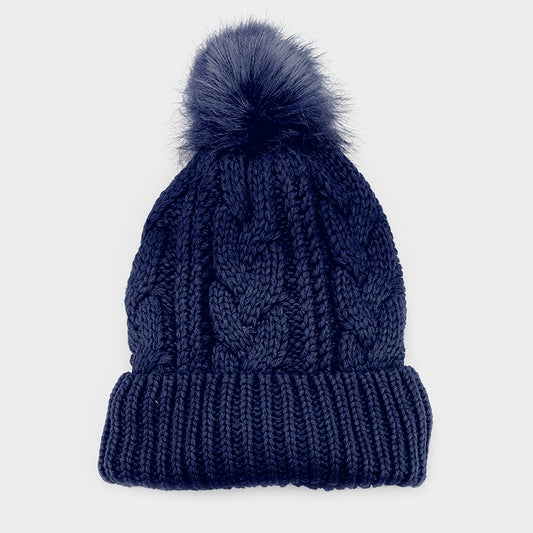 HATEGORY Soft Cable Knit Faux Fur Pom pom Beanie Hat