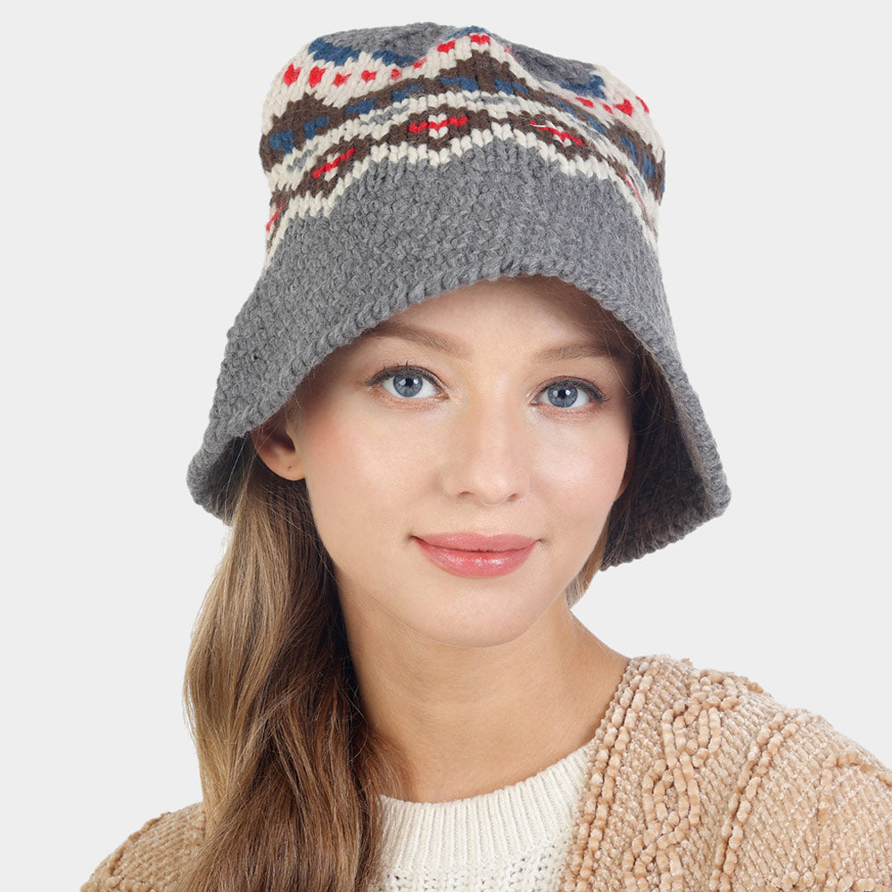 HATEGORY Nordic Pattern Knitted Bucket Hat