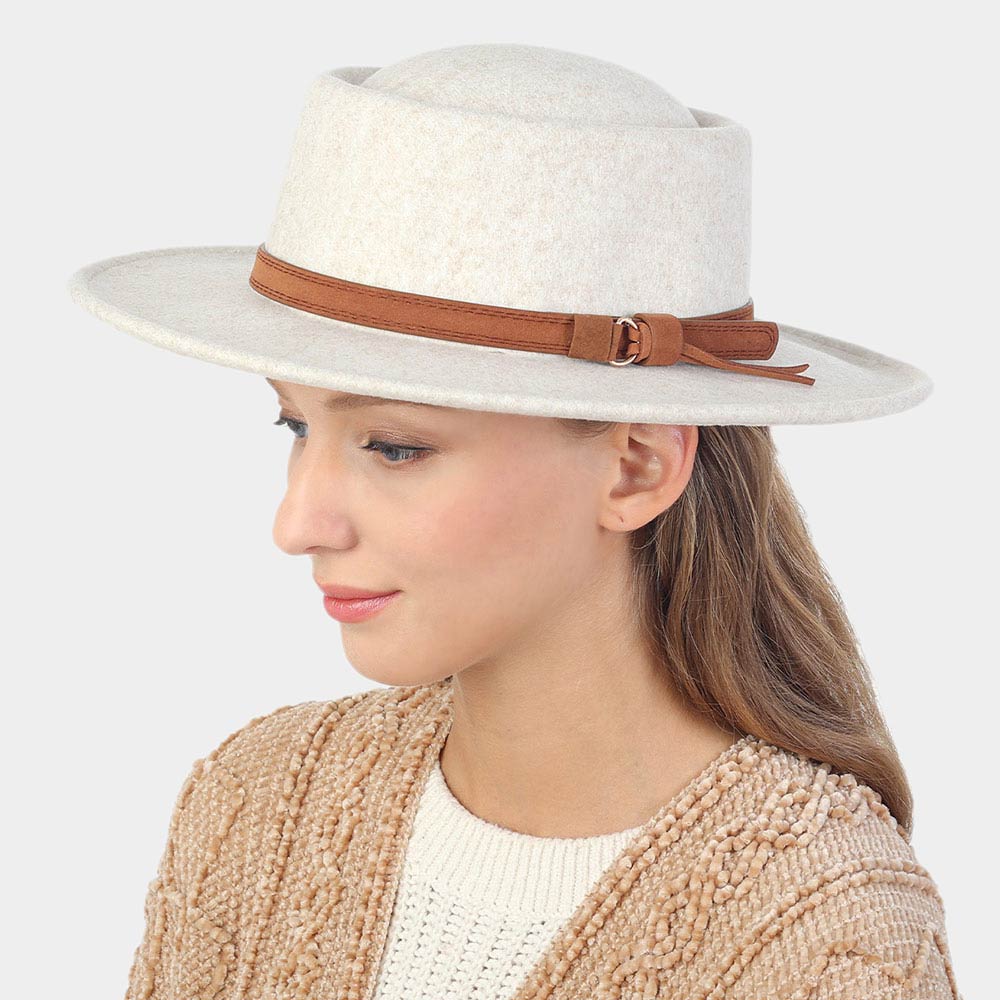 HATEGORY Faux Leather Trim Felt Fedora